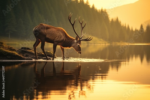 Beautiful deer in serene environment drinking from clean lake - represents care for nature and long-term harmony. Generative AI