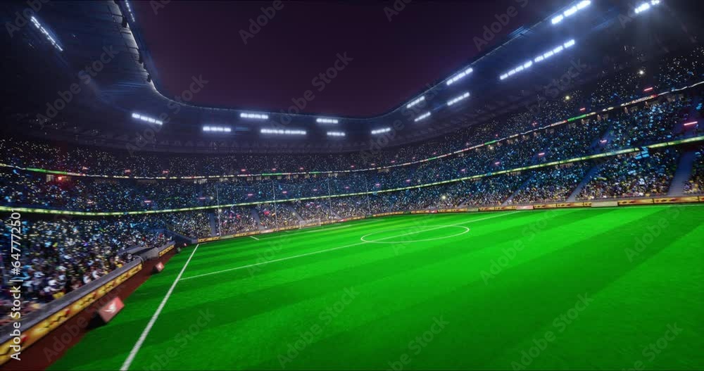 Soccer Stadium arena, blue light lit, crowd fans, empty playground, photo flashlight. 4k 3d render Soccer Stadium arena, blue light lit, crowd fans, empty playground, photo flashlight. 4k 3d render