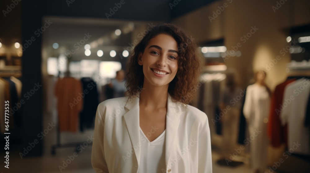 woman designer smart and confident smiling standing in cloth fashion store shop business owner concept woman designer smart and confident smiling standing in cloth fashion store shop business owner concept