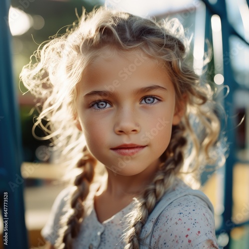 Young girl with blue eyes is standing on playground.