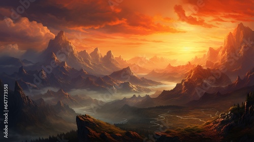 a mountain range bathed in the warm colors of a sunset. 
