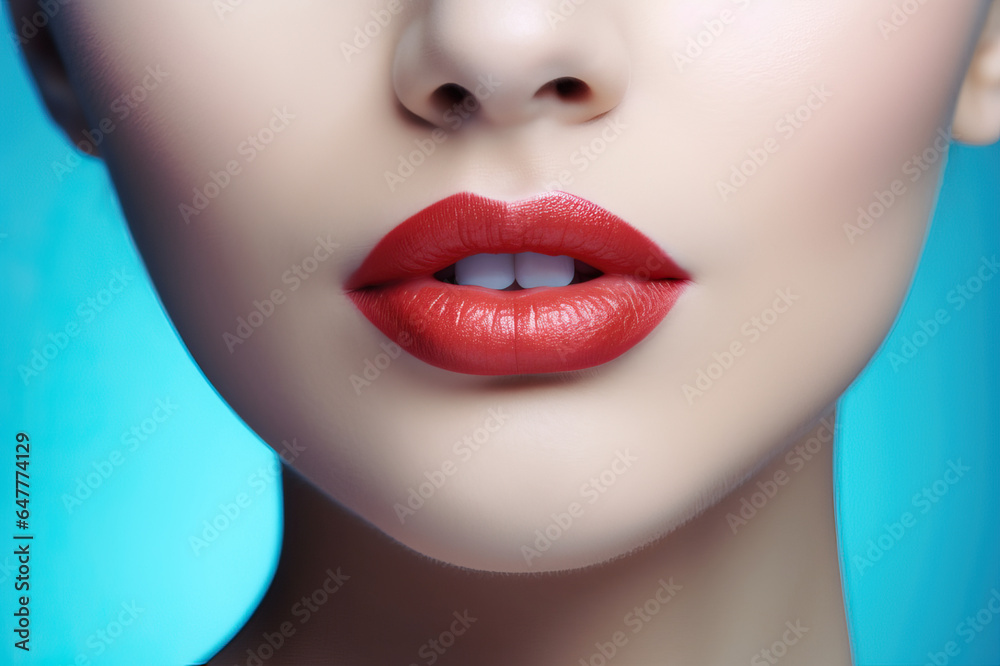 Close up view of a woman with beautiful red lips and lipstick gloss, flawless skin Close up view of a woman with beautiful red lips and lipstick gloss, flawless skin