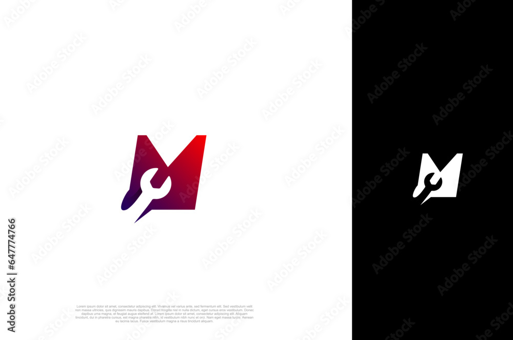 Initial letter M and wrench design icon letter for business Repair, service and Automotive industry. Vector logo design concept template Initial letter M and wrench design icon letter for business Repair, service and Automotive industry. Vector logo design concept template