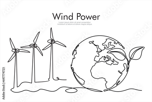 Wind power. Wind energy in continuous line art drawing style.  Wind turbines producing electricity. Renewable source of power. Black linear design isolated on white background