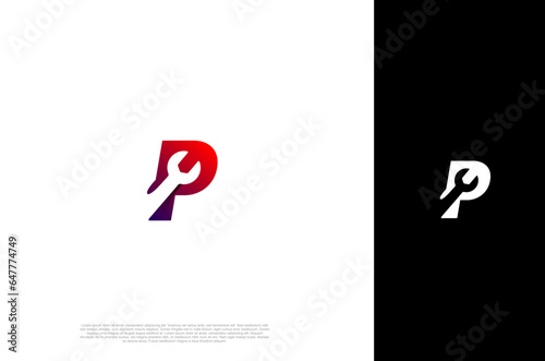 Initial letter P and wrench design icon letter for business Repair, service and Automotive industry. Vector logo design concept template