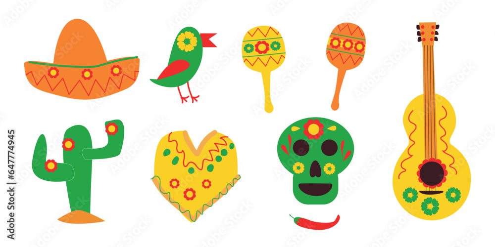 Set of Mexican elements for holidays - Dead day, Dia de muertos, Cinco de Mayo. Mexican Festival vector icons collection. 