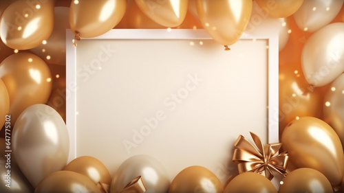 empty frame with golden,white balloons and golden gift box ,with copyspace and place for text