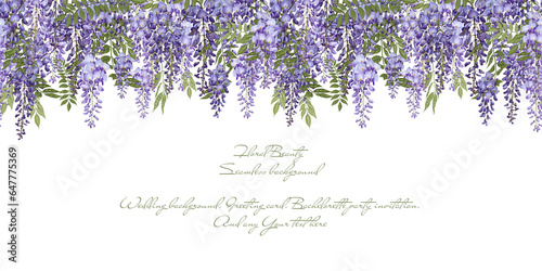 Fototapeta Naklejka Na Ścianę i Meble -  Wisteria flower background. Violet floral card. Invitation card. Watercolor Wisteria liana on white. Seamless background