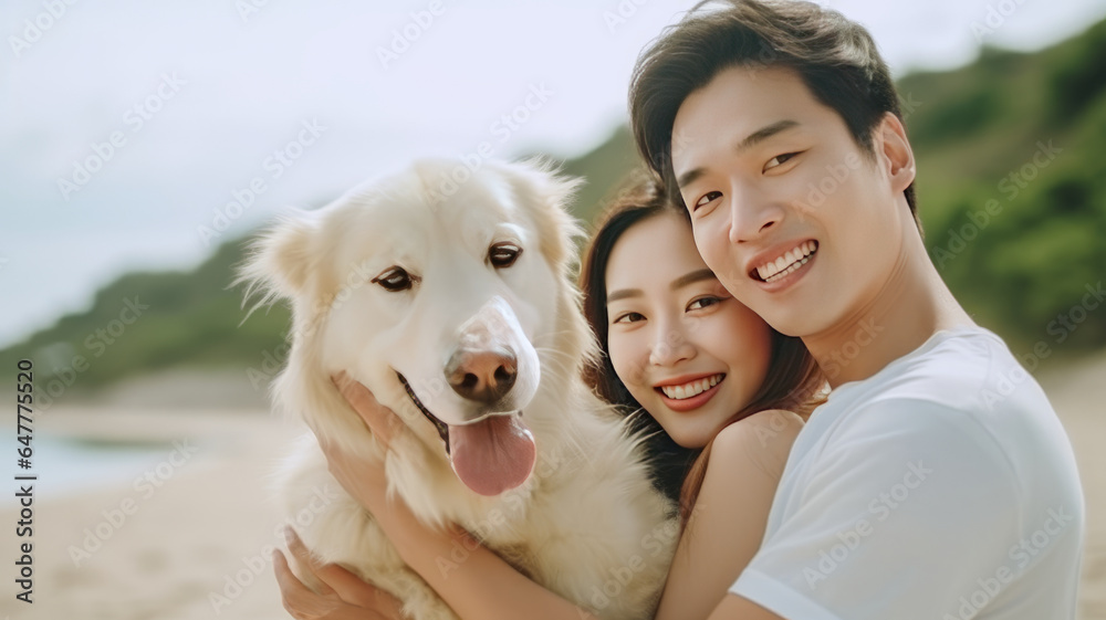 Portrait, happy and smile with a man, woman and pet golden retriever outdoor.generative ai