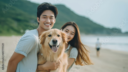 Portrait, happy and smile with a man, woman and pet golden retriever outdoor.generative ai