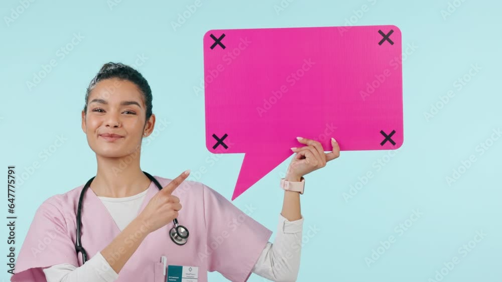 Happy woman, doctor and pointing to speech bubble in advertising on mockup against a studio background. Portrait of female person, medical or healthcare nurse smile with space for feedback or comment Happy woman, doctor and pointing to speech bubble in advertising on mockup against a studio background. Portrait of female person, medical or healthcare nurse smile with space for feedback or comment