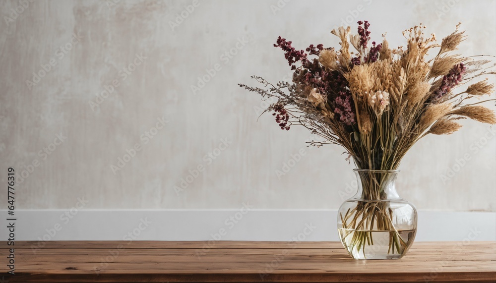 Home interior with copy space - wooden table with vase, bouquet of dried flowers near blank wall Home interior with copy space - wooden table with vase, bouquet of dried flowers near blank wall