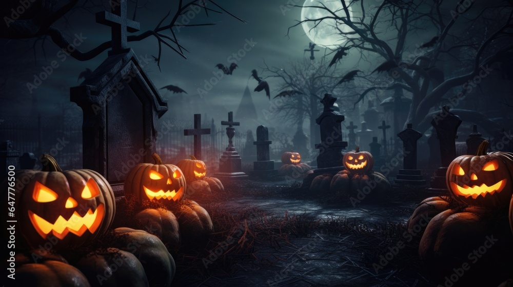 Halloween background with Pumpkins lantern in graveyard the spooky night.