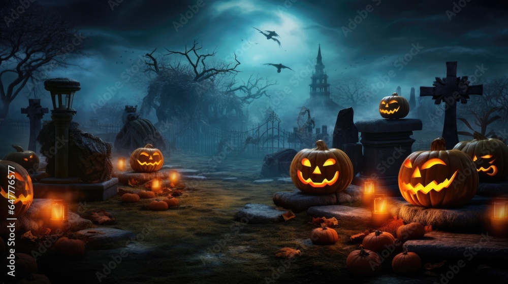 Fototapeta premium Halloween background with Pumpkins lantern in graveyard the spooky night.