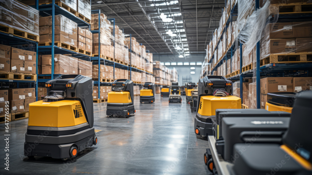 Automated Robot Carriers And Robotic Arm In Smart Distribution Warehouse.generative ai
