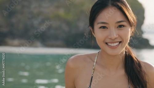 Asian woman in bikini - confident and stylish, captivating smile, camera focus