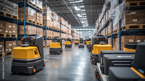 Automated Robot Carriers And Robotic Arm In Smart Distribution Warehouse.generative ai