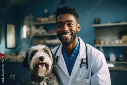 Young african american veterinarian or animal doctor with a dog in his veterinarian clinic office