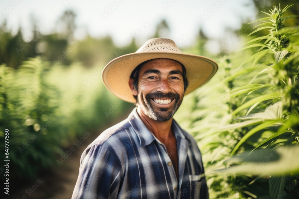 Portrait of a middle aged mexican cannabis or marijuana farmer working on an organic outdoor grow farm