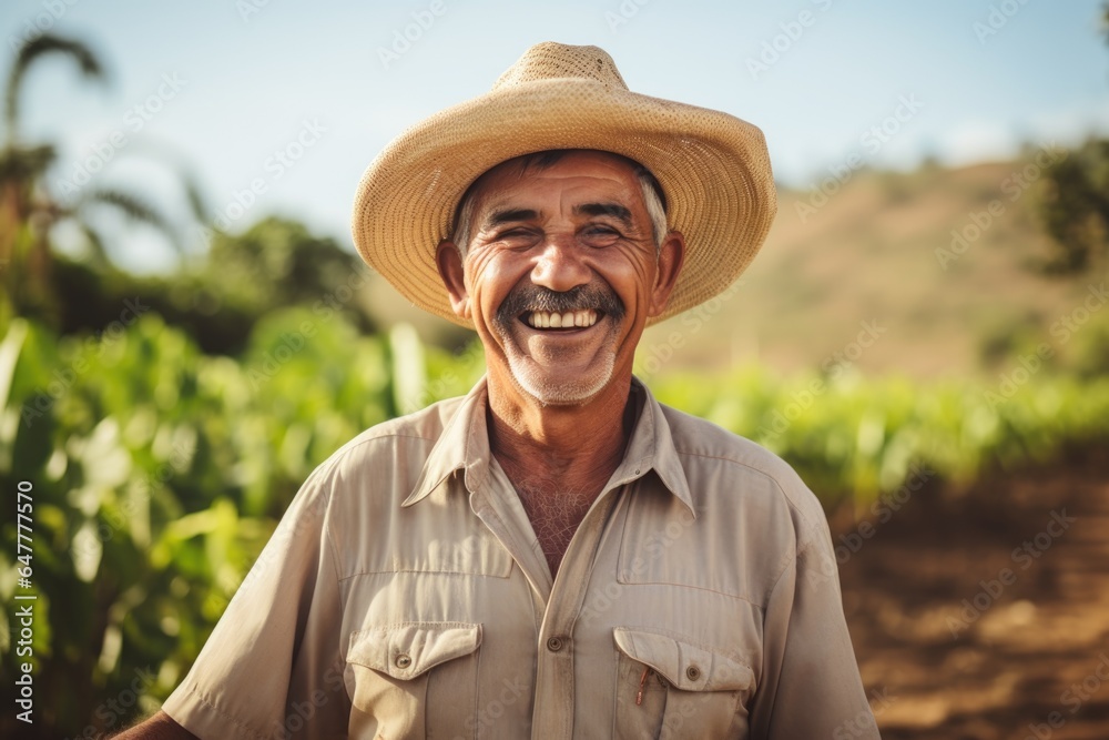 Portrait of a mexican farmer working on an organic farm field in the countryside