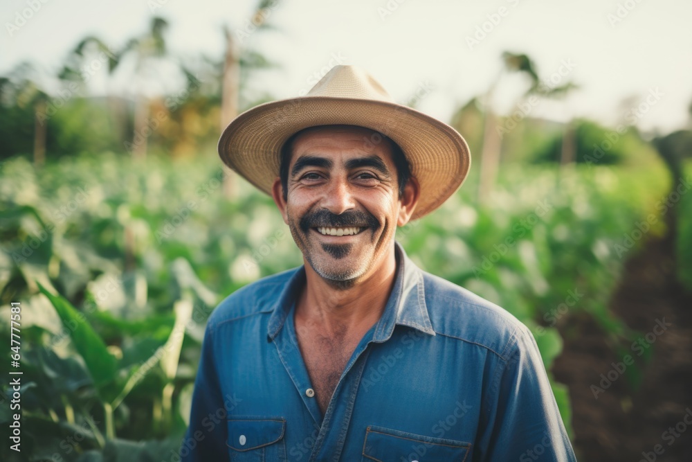 Portrait of a mexican farmer working on an organic farm field in the countryside