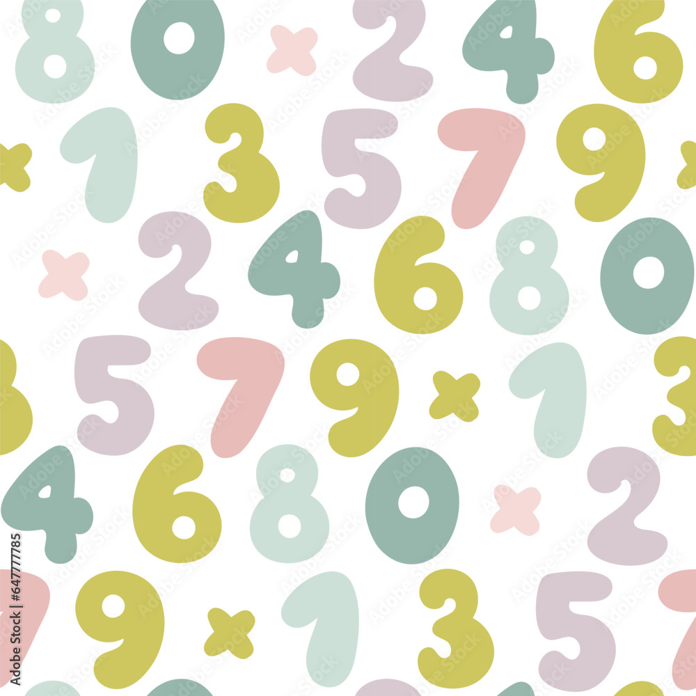 Seamless pattern with hand drawn numbers. Vector background with colorful pastel numbers on a white background
