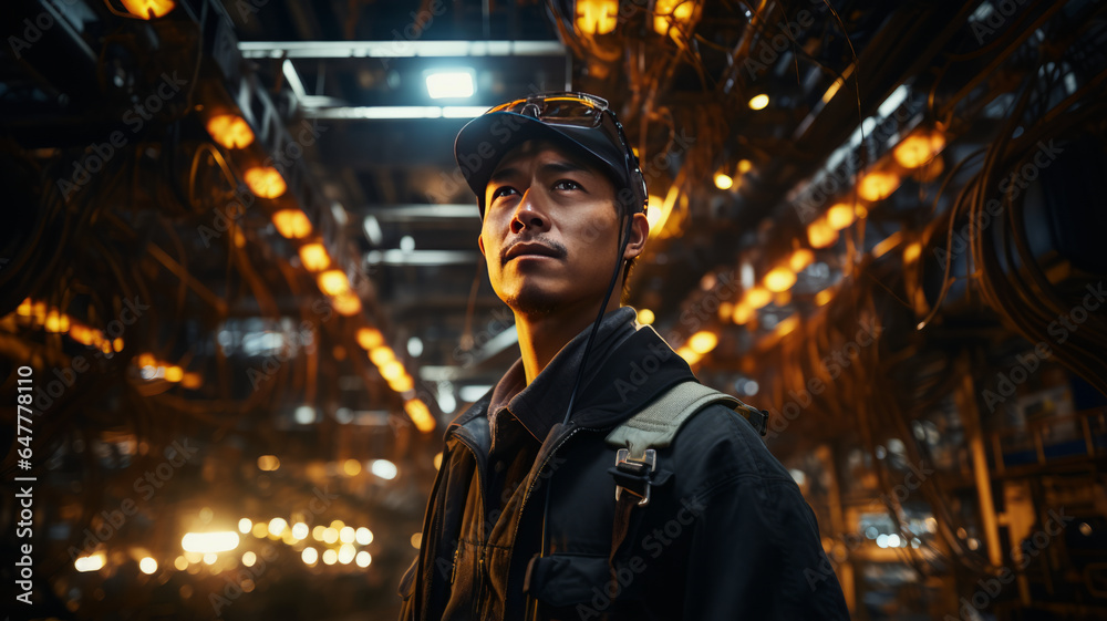 photograph of Engineer working at oil rig. wide angle lens realistic lighting white