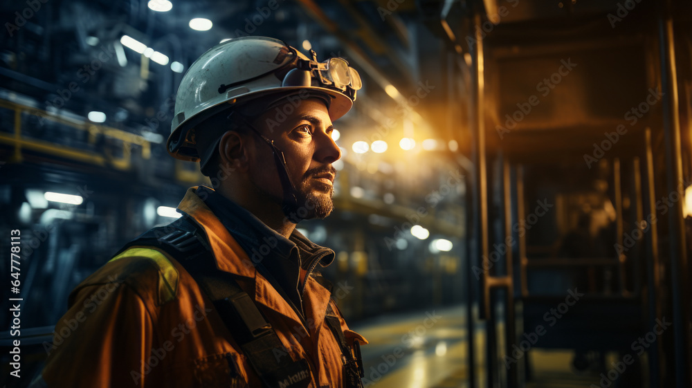 photograph of Engineer working at oil rig. wide angle lens realistic lighting white