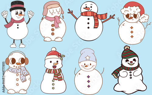 Fototapeta Naklejka Na Ścianę i Meble -  Retro Christmas Snowman for Winter and Groovy Christmas Designs, Retro Vintage Snowman Wearing Santa Hat Set