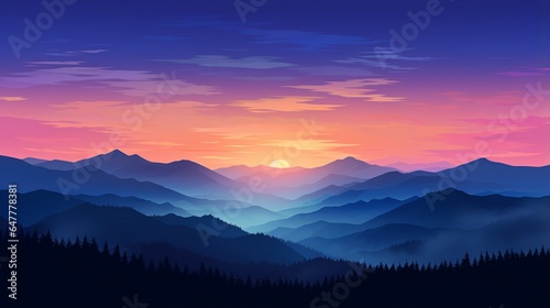 a mountain range silhouetted against the colors of a twilight sky. 