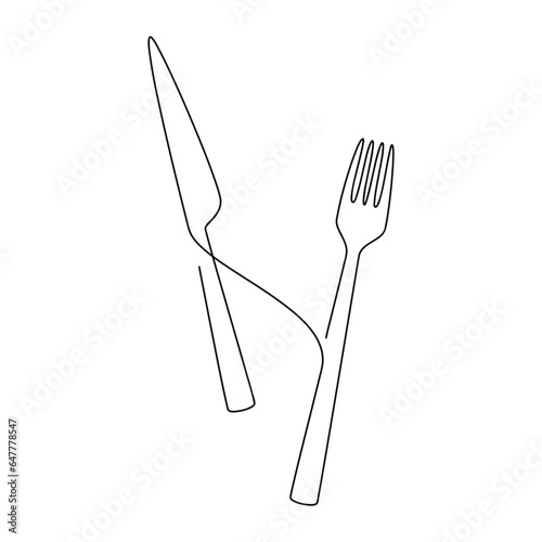 Knife and fork icon vector. One line continuous drawing. Hand drawn linear silhouette. Minimal illustration, outline print, graphic design, banner, card, brochure, poster, menu, logo, sign, symbol.
