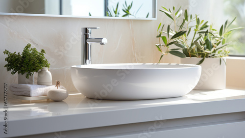 Modern countertop in bathroom  Interior of light bathroom with sink bowl bathroom accessories.generative ai