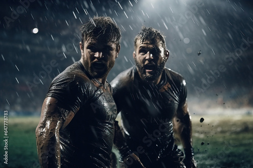 Two rugby players stand in the pouring rain during a game at night with floodlights