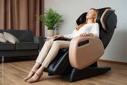 A blonde haired woman relaxes in a reclining massage chair in a living room