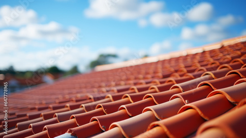 photograph of New Roof  Close-up of red roof tiles against blue sky.generative ai