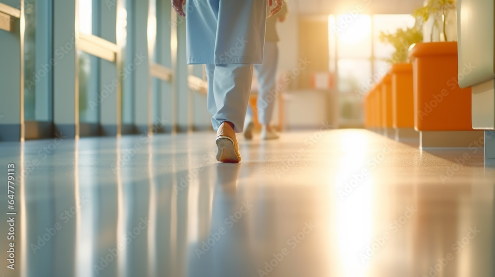 Selective focus at the leg with shallow DOF and blurred background with copy space in modern hospital.generative ai Selective focus at the leg with shallow DOF and blurred background with copy space in modern hospital.generative ai