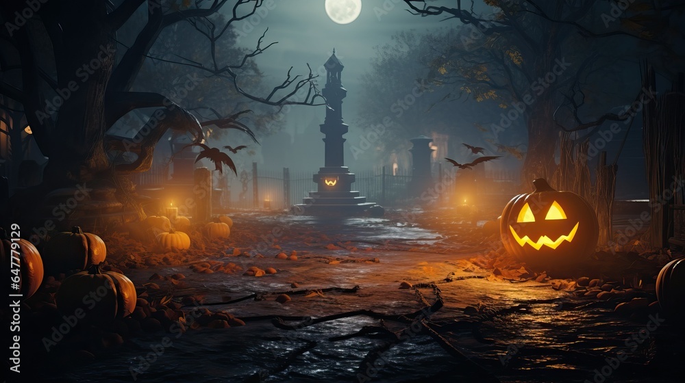 Pumpkin night scene, Halloween Jack O Lantern Glowing