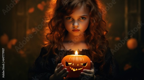 Halloween portrait of girl holding jack-o-lantern