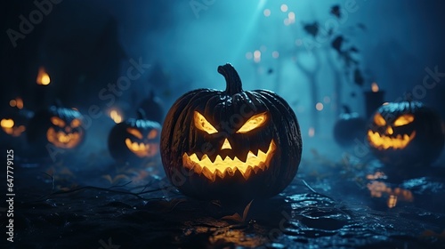 Pumpkin night scene, Halloween Jack O Lantern Glowing