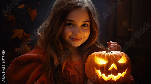 Halloween portrait of girl holding jack-o-lantern