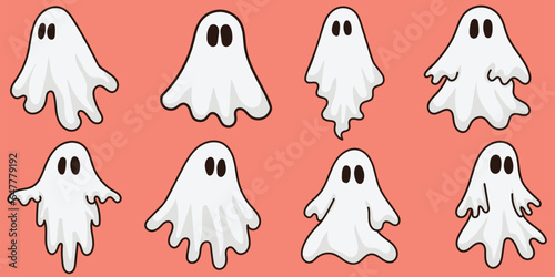 Set of halloween ghosts, Halloween ghosts retro spooky vector illustrations, Pack of phantoms graphics with background