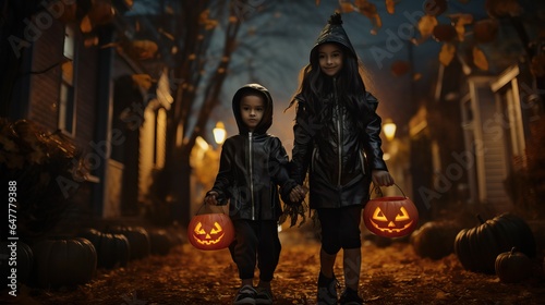 Sibling kid dress in Halloween costume, trick or treat
