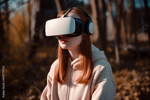 A young red headed ginger girl wears a virtual reality headset and grey hoodie outdoors photo