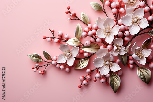 A close-up shot of mistletoe low relief on a soft blush pink background adds elegance to holiday decor  photo