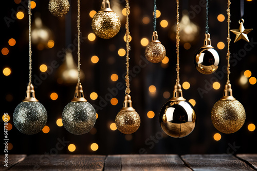 A collection of golden bell ornaments hanging on a glittery gradient background radiating elegance and festive cheer 