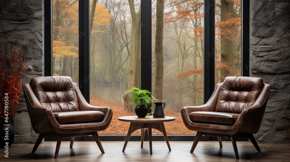 Fototapeta premium Two leather chair at wooden round coffee table in Mid-century home interior design of modern living room.generative ai
