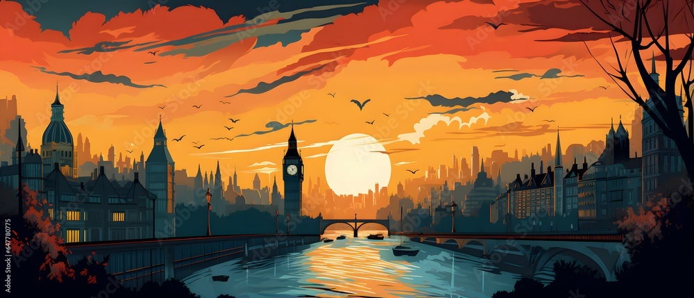 Naklejka premium retro art of city landscape and sunset