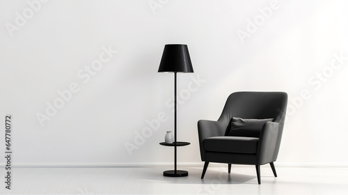 Black chair and a black standing lamp in an empty white room against the wall, generative ai