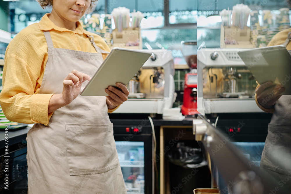 Manager of supermarket in apron working online on digital tablet Manager of supermarket in apron working online on digital tablet