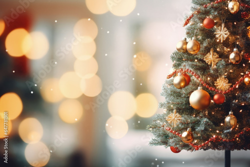 Decorated Christmas tree on blurred background. Christmas tree background